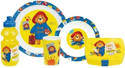 Zdjęcie produktu dla Zestaw Naczyń Dziecięcych Paddington, Talerz, Miska, Kubek 220ml, Bidon 350ml, Śniadaniówka