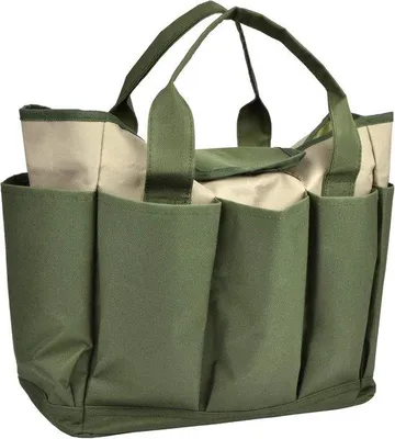 Obrázok produktu pre Organizér na záhradné náradie – 8 priehradiek – 600D, vodeodolný polyester – 31x15x30 cm – zelený