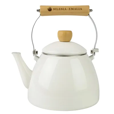 A white enamel kettle with a wooden handle and lid knob, shown against a white background.