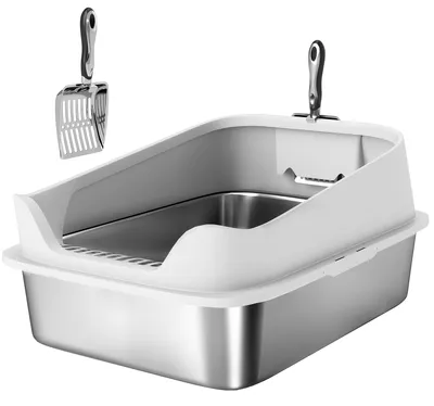 Produktbild von Katzentoilette Edelstahl Offene Katzenklo mit Schaufel hohem Rand für große Katzen bis 7 kg, 60,2 x 40,2 x 29,7 cm, Grau
