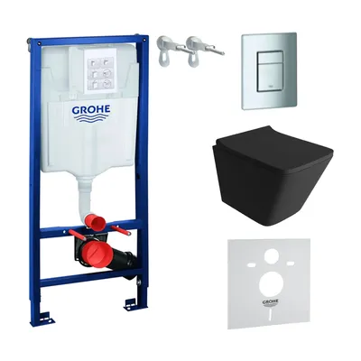Produktbild von GROHE Vorwandelement Solido + Wand Hänge WC Lago Schwarz Spülrandlos + WC-Sitz SoftClose | Verchromter Knopf | Komplettset | Unterputz Spülkasten | Toilette Komplett Sett