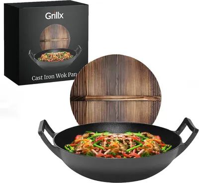 Produktbild von GrillX Gusseisen Wokpfanne Ø 36cm mit Holzdeckel – Wadjan Pfanne – Induktion & BBQ – PFAS-frei
