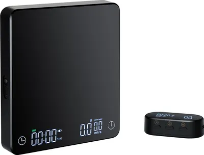 A black digital kitchen scale and a separate remote control are displayed on a white background.