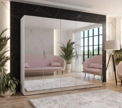 Produktbild von Breiter Kleiderschrank 250 cm AMARIS 3 mit Spiegel - weiß / Griffe aus Kaschmir