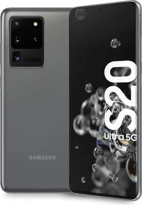 A Samsung Galaxy S20 Ultra 5G smartphone is shown from the back and front, with the screen displaying marketing text and graphics.