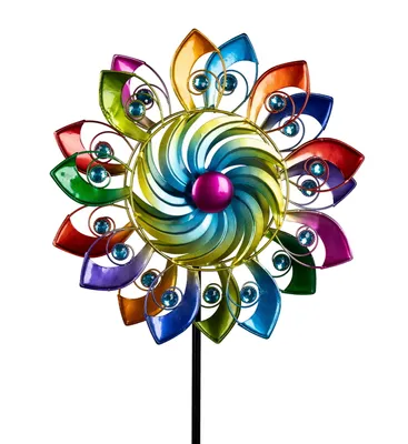 Produktbild von Gartenstecker doppel Windrad Windmühle Metall Windspiel Blume Deko Garten Figur