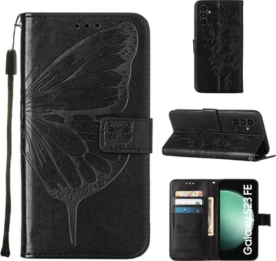 Produktbild von Lederhülle für Samsung Galaxy S23 FE Schmetterling Prägung Flip Ledertasche Kartenfächer Handyhülle mit Ständer Schwarz