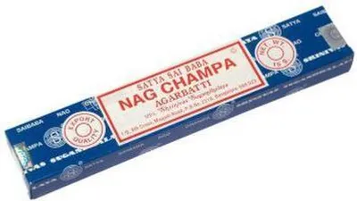A box of Nag Champa incense sticks is shown diagonally against a white background.