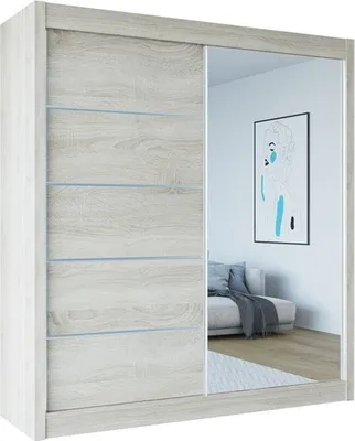 Produktbild von Easy4You B1 180 cm Sonoma Schiebetüren Kleiderschrank 180x215x58 cm mit Spiegel - Schlafzimmermöbel, Aufbewahrung - Mehrzweckschrank