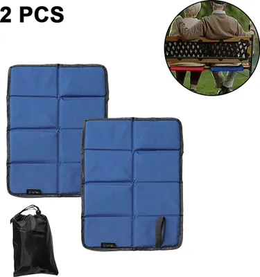 Two blue foldable seat cushions and a black storage bag are shown, with a small inset image of an elderly couple sitting on a park bench with cushions.