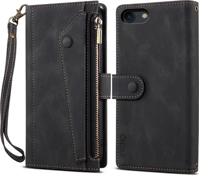 Image de Coque de protection pour iPhone 8/7/6/iPhone SE 2020/SE 2022, étui en cuir zippé, portefeuille pliable avec emplacement pour cartes, support et sangle noir
