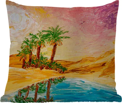 Produktbild von MuchoWow® Outdoor Kissen - Gemälde - Öl - Palme - Natur - Wasser - 40x40 cm - Wetterfest - Lounge Kissen - Kopfkissen - Interieur - Polster mit Bild