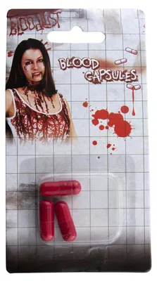 Produktbild von Halloween Filmblut Kapseln zum Durchbeißen, Rot, Gelatine, 3 Stück, ca. 2x0,5cm