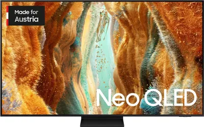 A Samsung Neo QLED TV displaying a colorful abstract image, with a 'Made for Austria' badge in the top left corner.