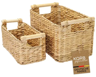 Produktbild von HMF Aufbewahrungskorb geflochten aus Wasserhyazinthe, dekorativer Korb mit Holzgriffen zur Aufbewahrung für Badezimmer, Wohnzimmer, Küche, 2er Set, 30 + 37 cm, Naturfarben