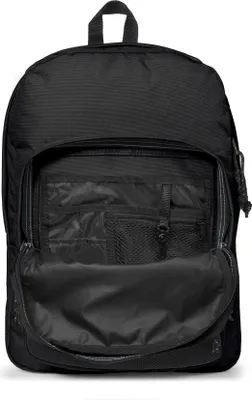 A black Eastpak Pinnacle rucksack with its main compartment open, revealing internal pockets.