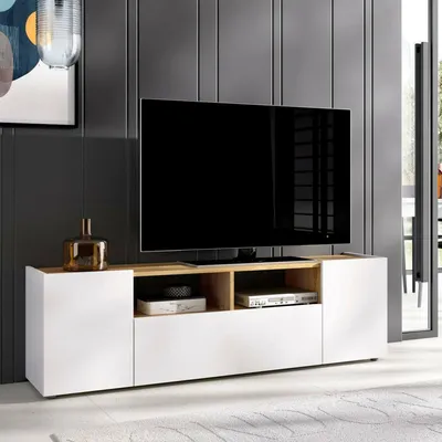 Image de Vulcanon - Meuble TV, 142x35x44h cm Blanc, 2 Étagères