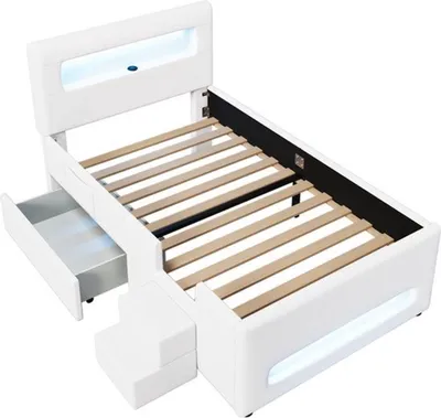 Obrázok produktu pre Postel s úložným priestorom, rozmer 90x200 cm, s integrovaným schodiskom a zásuvkami – biela, jednolôžko pre dospelých