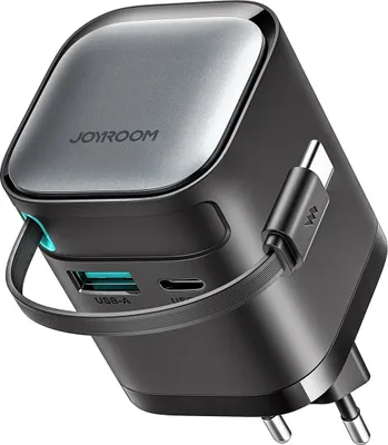 Zdjęcie produktu dla Ładowarka GaN Joyroom JR-TCL02 65W USB-A USB-C z wbudowanym kablem USB-C - czarna