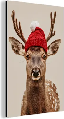 Produktbild von MuchoWow Wanddekoration Metall Metallbild Wandkunst 80x120 cm Hirsch - Weihnachten - Hut - Tiere - Winter - Lustig MuchoWow Aluminium Gemälde - Bilder