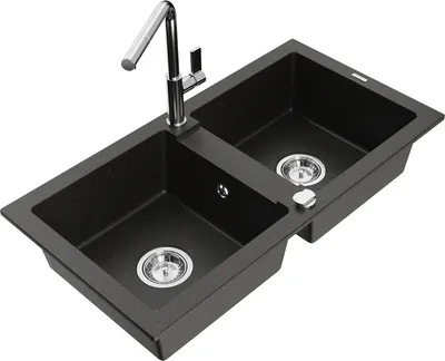 Produktbild von Mexen Mario 2-Becken-Granitspüle mit Mischbatterie Flora, Schwarz/Gold metallisch - 6504-75-670401-00