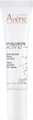 A white tube of Avène Hyaluron Activ B3 Triple Action Eye Cream is shown against a white background.