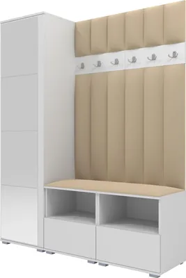 Produktbild von Garderoben-Set Nela II LUX mit Spiegel, gepolsterte Garderobe 150 cm mit Doppel-Sitzbank, Wandpaneelen und Stauraum (Farbe: Weiß + Trinity 04)