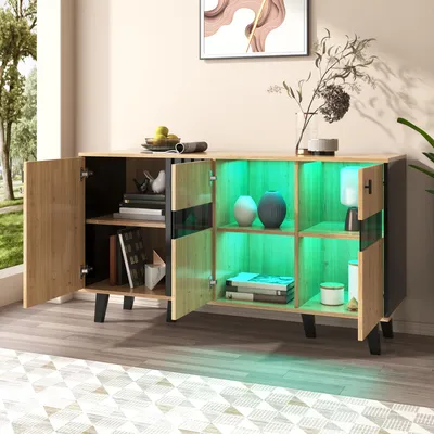 Image de OKWISH Buffet avec Portes en Verre et Éclairage LED, Rangement pour Salon et Salle à Manger, Design Moderne Bois et Noir, 140x41x78 cm, Naturel
