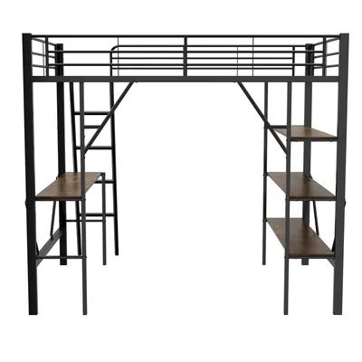Produktbild von Flieks Etagenbett 90x200cm mit Schreibtisch und Regal, Hochbett mit Leiter und Rausfallschutz, Kinderbett Jugendbett Metallbett mit Lattenrost Schwarz