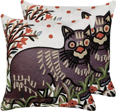Produktbild von BELIANI Dekokissen 2er Set Mehrfarbig Baumwolle und Wolle Stoffbezug mit Polyester-Füllung 50x50 cm Katzenmotiv Accessories Wohn- u. Schlafzimmer Flur