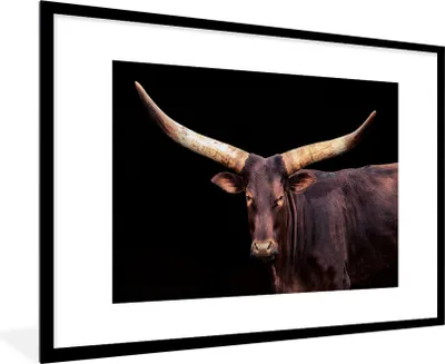Produktbild von MuchoWow® MuchoWow® Gerahmtes Poster Kuh - Watussi - Schwarz 90x60 cm - Poster mit zchwarzem Bilderrahmen - Wanddekoration - Fotos