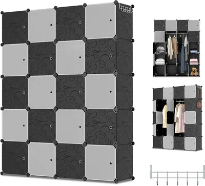 A collage of images showing a modular storage cube system, with some images displaying the system assembled and filled with clothes and accessories.
