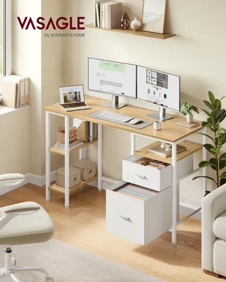 Obrázek produktu pro Psací stůl VASAGLE se 3 policemi, kancelářský stůl se 2 zásuvkami, 127 x 50 x 76 cm, moderní styl, dubově bílý, Obrázek vytvořený pomocí AI