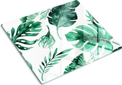 Produktbild von Glasplatte zum Schutz der Kochfläche – Abdeckung für die Kochplatte – Abdeckung für Induktionskochfelder – 60x52 cm – Einfache Reinigung – Gehärtetes Glas – Motiv: Palmen und Blätter