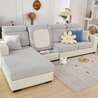 Immagine prodotto di Copertura elastica a forma di L per divano, antiscivolo, per 3 posti, 125-155 cm, color grigio chiaro