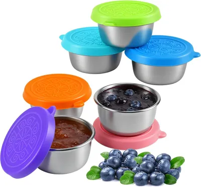 Productafbeelding van Dressingbekers 50 ml, 6 stuks, lekvrij, roestvrij staal met siliconen deksel, voor lunchbox
