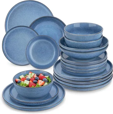 Immagine prodotto di Servizio di stoviglie in Vetroceramica - Piatti e ciotole - Per l'uso quotidiano - Smalto reattivo unico - Set da 24 pezzi per 6 persone - Blu