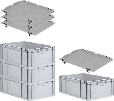 Produktbild von SuperSparSet 4x Eurobox NextGen Economy mit Auflagedeckel und 4x Schiebeschnappverschlüsse Schwarz | Griffe geschlossen | HxBxT 22x40x60cm | 44 Liter | Eurobehälter, Transportbox, Transportbehälter, Stapelbehälter