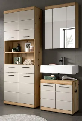 A modern bathroom vanity set with a tall cabinet and a sink unit.
