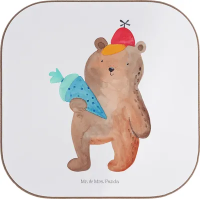 Produktbild von Mr. & Mrs. Panda Holzuntersetzer Bär Schultüte - Weiß - Geschenk, gläseruntersetzer, Tischschoner, Einschulung, Getränkeuntersetzer, Schulanfang, Untersetzer für Gläser
