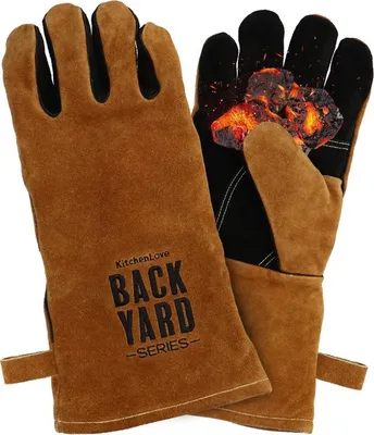 Productafbeelding van Unyqoos® BBQ-handschoenen van hittebestendig leer met Polyamid-voering – bestand tegen temperaturen tot 250°C, set van 2, lange manchetten, bruin, met ophangoog