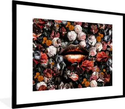 Produktbild von MuchoWow® Gerahmtes Poster Lippen - Blumen - Farbe - Orange - Kunst - Abstrakt - Alte Meister 80x60 cm - Poster mit Schwarzem Bilderrahmen Wandposter Rahmen Foto Bilder - Schlafzimmer-Dekorationen - Fotoposter