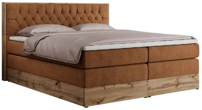 Produktbild von MKS MEBLE King Boxspringbett 160x200 mit Bettkasten Eiche, Polsterbett 160x200 mit Matratze H3, Bett 160x200 mit Kopfteil, Bett mit Holzrahmen in Wotan Eiche - Orange Struktur - Amore King