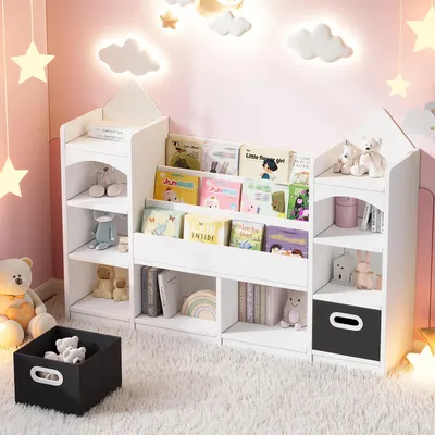 Produktbild von okwish Kinderbuchregal Bilderbuchregal mit 2 klappbaren Aufbewahrungsboxen Spielzeugaufbewahrung Ablageregal mit offenen Fächern Weiß