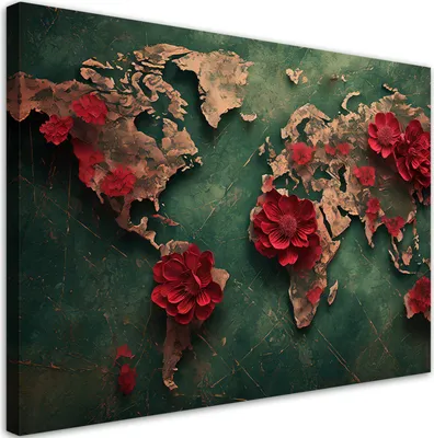 Image de Toile carte du monde fleurs roses 120x80 Feeby Vert image pour le mur prête à accrocher
