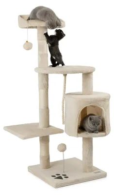 Image de lionto Arbre à chat pour chats, hauteur 112 cm, avec grotte, corde en sisal, boules en peluche & support mural, arbre à grimper compact, beige