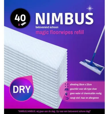 Imagen del producto de Repuestos para mopas de limpieza para suelos Nimbus Magic, 40 unidades. Toallitas secas para limpieza de suelos, color blanco, 28x22 cm. Compatibles con Swiffer