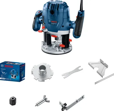 A collection of a Bosch router and its accessories, laid out on a white background.