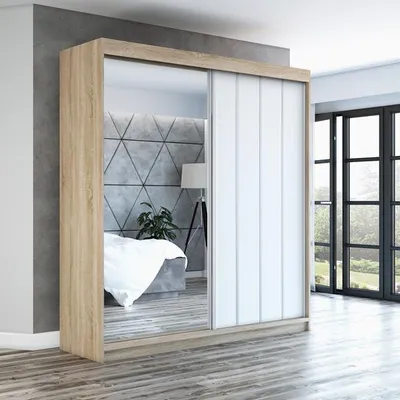 Produktbild von Schwebetürenschrank, 2-türig Schrank mit Spiegel! Moderne Garderobe für Kleidung. Verschiedene Farben (Weiß, Schwarz, Somona) Kleiderschrank VIGO 180 cm