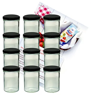 Image de lot de 12 pots à confiture de 435 ml en verre To 82, couvercle noir, livret de recettes inclus